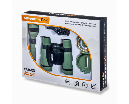 AdventurePak™ включает в себя 30-миллиметровый Детский полевой бинокль, Линзовый компас, Фонарик и Сигнальный свисток со встроенным термометром
