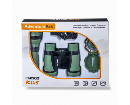AdventurePak™ включает в себя 30-миллиметровый Детский полевой бинокль, Линзовый компас, Фонарик и Сигнальный свисток со встроенным термометром