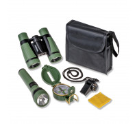 AdventurePak™ включает в себя 30-миллиметровый Детский полевой бинокль, Линзовый компас, Фонарик и Сигнальный свисток со встроенным термометром