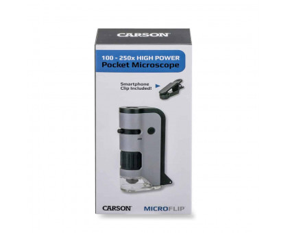 Кишеньковий мікроскоп MicroFlip™ 100x-250x зі світлодіодним і ультрафіолетовим підсвічуванням з відкидною підставкою для слайдів і затискачем для дігіскопірованія смартфона